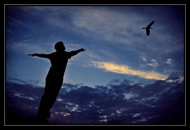 Photo showing courage -shadow of person standing on waves with arms outstretched imitating bird flying above