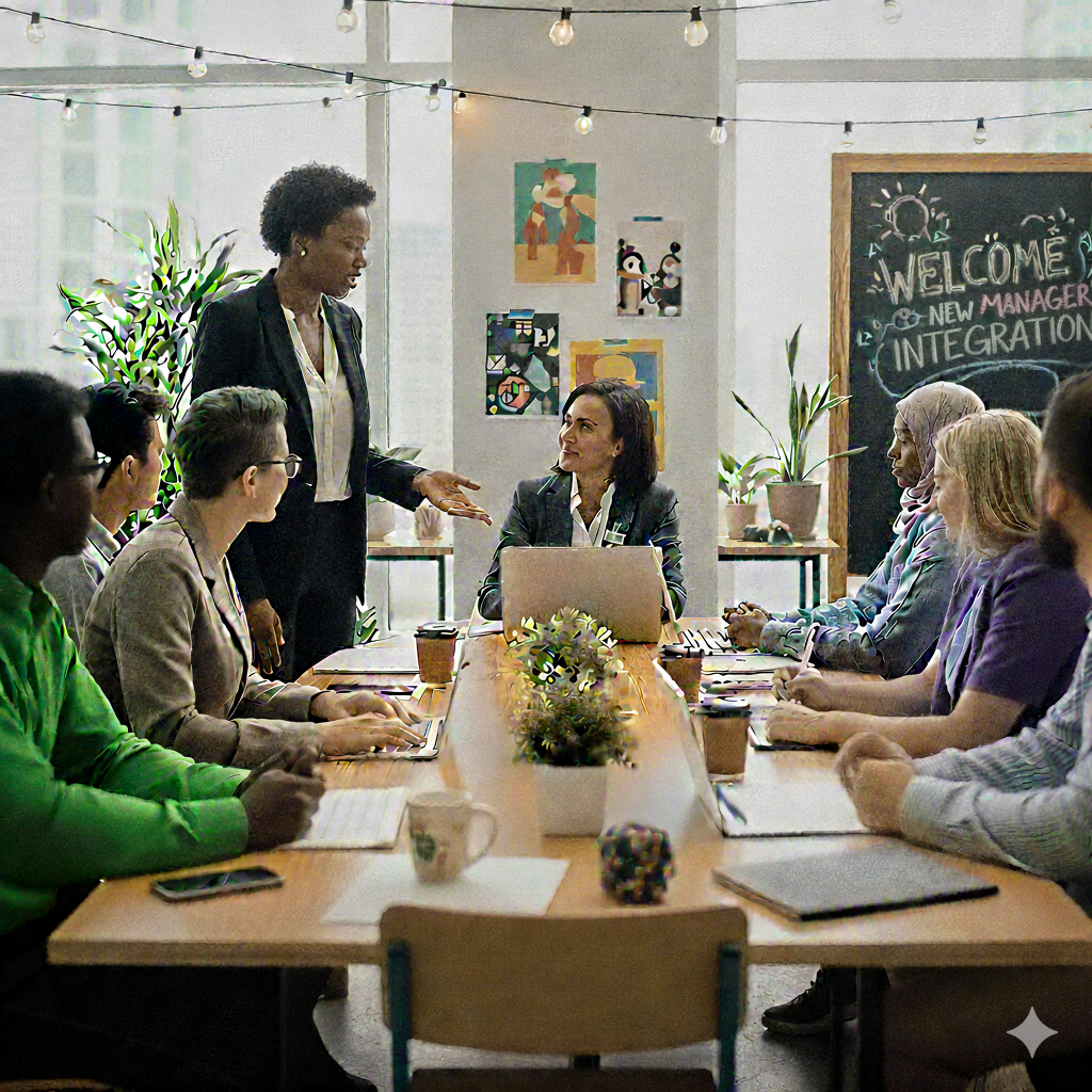 "Diverse team collaborates with new manager in an inclusive, informal meeting. Fostering a welcoming environment for fresh leadership and successful integration. 