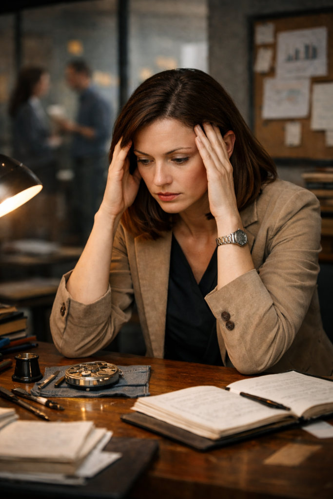 woman sitting at cluttered desk with her head in her hands