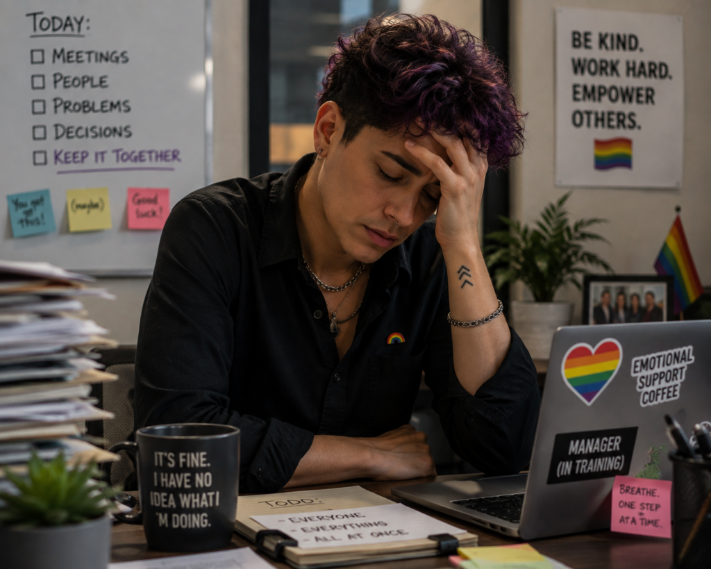 New manager fatigue as an exhausted first-time manager struggles with the pressure of leading a team after a promotion.